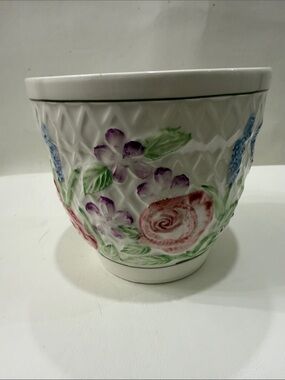 Ben Rickert Ceramic Cottage Floral Embossed Planter Pot Pink Purple Green Flower
